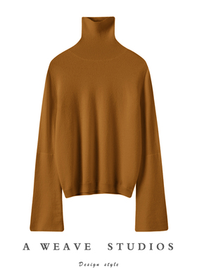 爆爱巨美~褐黄色双层大廓袖高领羊绒衫女纯羊绒毛衣套头2024秋冬