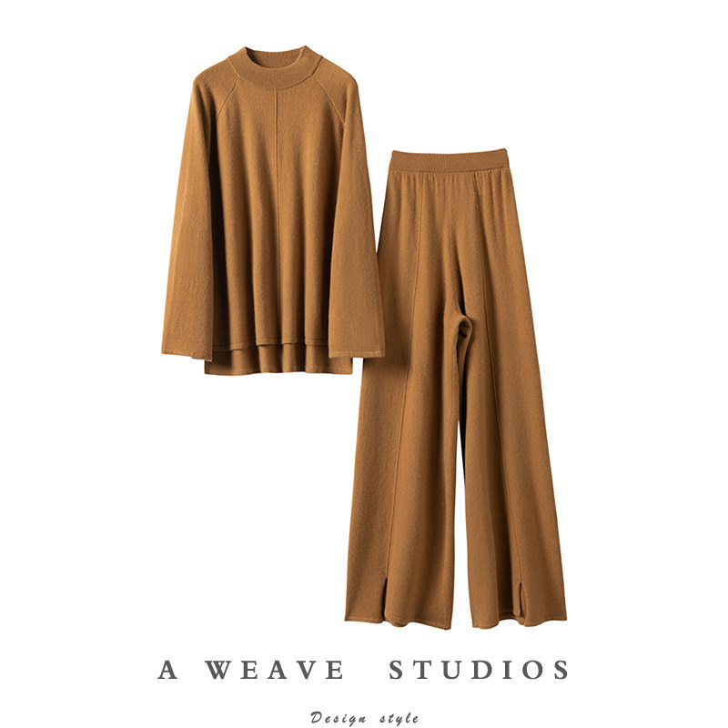 气质！太显腿长~羊绒套装针织羊绒阔腿裤子纯山羊绒衫毛衣两件套