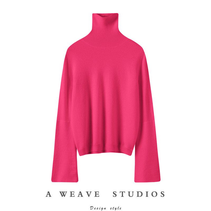 文艺闲适~玫红色双层大廓袖高领羊绒衫女纯羊绒毛衣套头2024新春