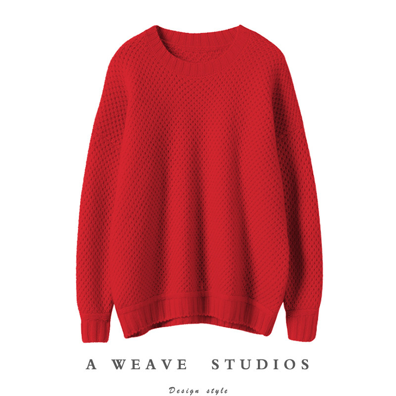 烟雾感粗针 复古编织 宽松毛衣圆领针织衫羊绒衫女加厚 紫绒原色