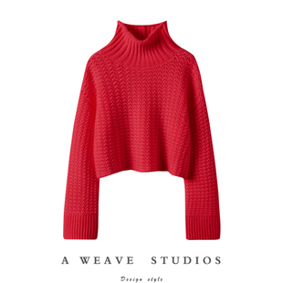 高领100%羊绒毛衣女 大红色编镂空编织阔袖 一万个推荐 ~2025新款