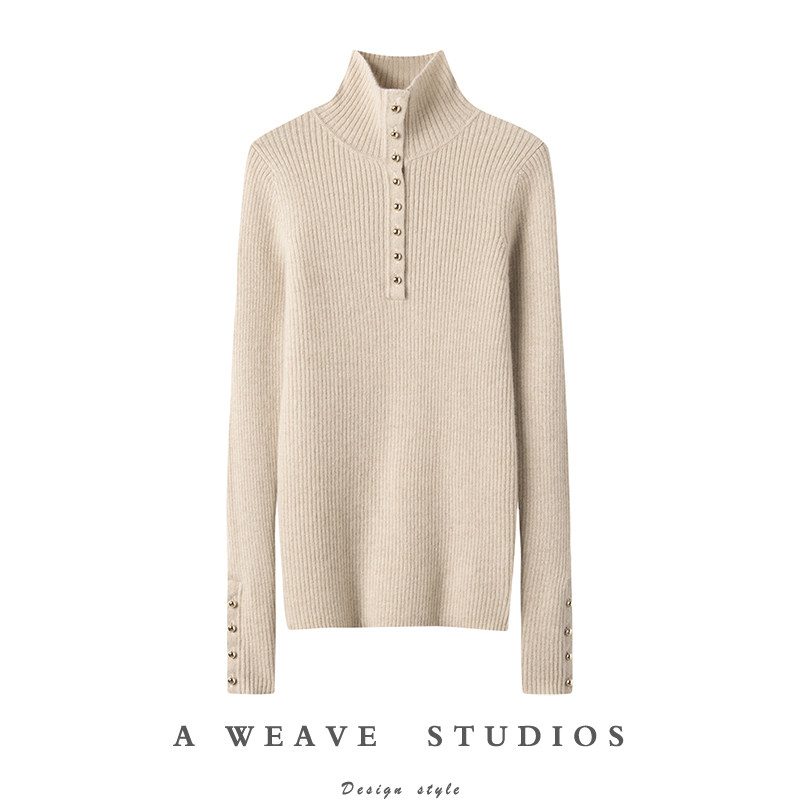 为其版型折服！金扣高领弹力修身羊绒衫女纯羊绒毛衣针织打底衫冬