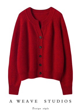 纯欲撩人Ruby红~加厚羊绒开衫女红色针织纯羊绒毛衣外套宽松秋冬