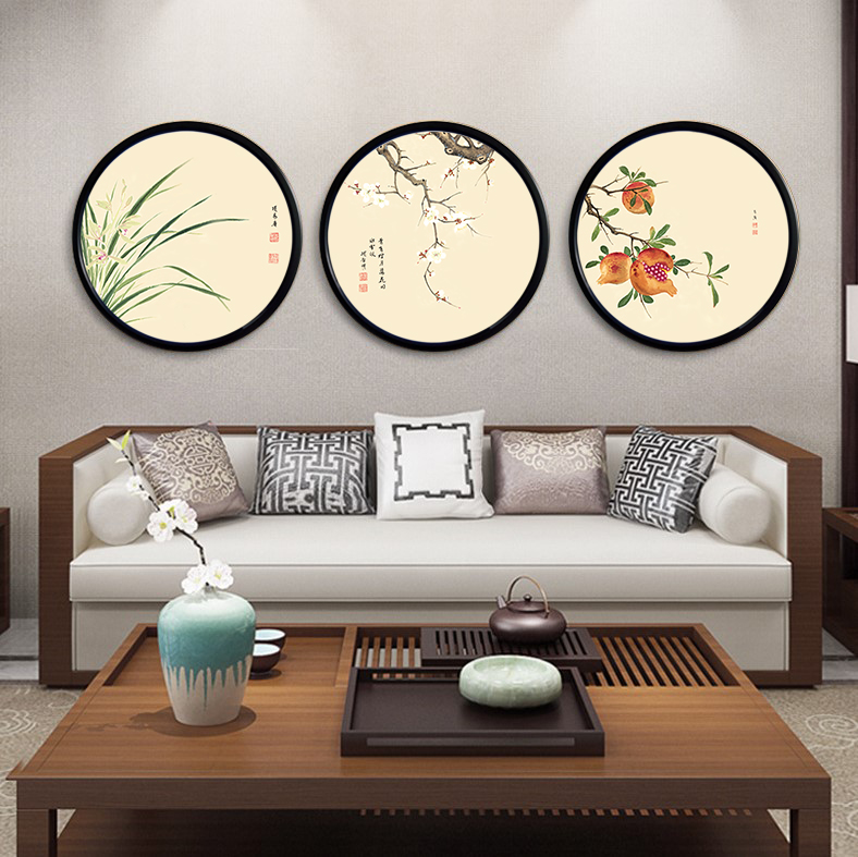 新中式茶室客厅梅兰竹菊圆框背景墙
