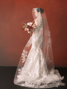 新娘新款蕾丝复古头纱长款复古可爱头饰影楼婚纱摄影旅拍配饰道具