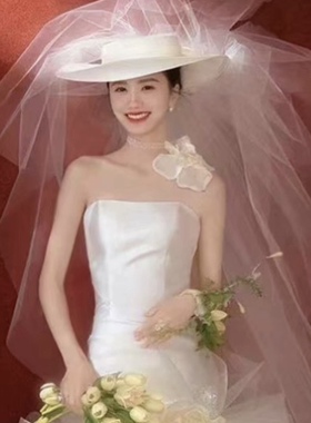 新娘新款法式复古抓纱礼帽帽子头纱拍照写真头饰影楼婚纱摄影旅拍