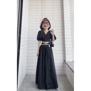 大码女装套装女新款高级感收腰短款泡泡袖衬衫上衣高腰显瘦半身裙