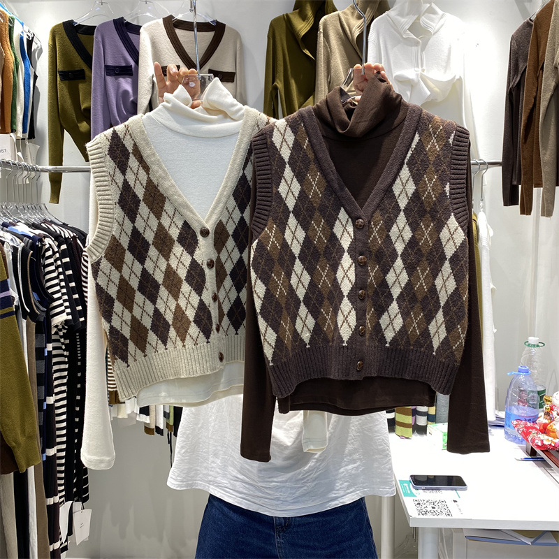 菱格V领针织马甲女外塔毛衣外套