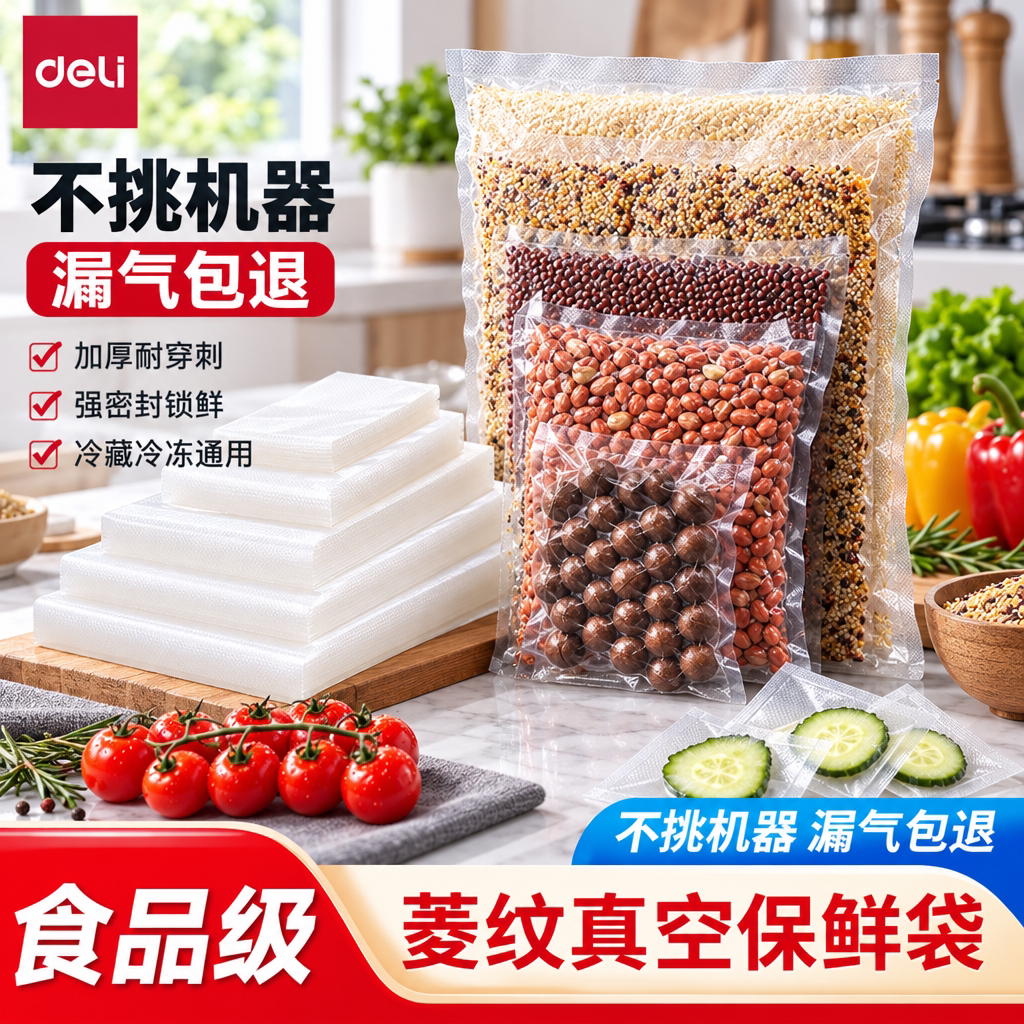 得力双面纹路真空多规格真空包装片袋食品包装蒸煮袋网纹压纹杂粮保鲜袋塑料袋