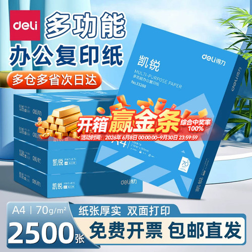 得力a4复印纸70g整箱2500张5包装