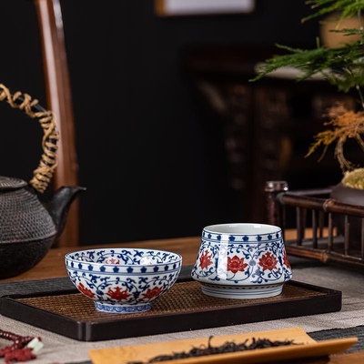 景德镇复古青花红缠枝莲茶漏陶瓷茶滤家用茶隔全瓷一体茶叶过滤网