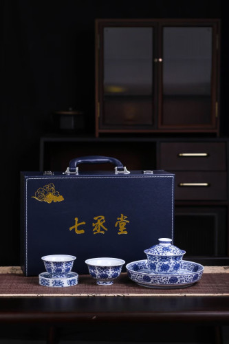 七丞堂八宝青花瓷盖碗茶杯套装家用送礼中式手工可悬停功夫茶具