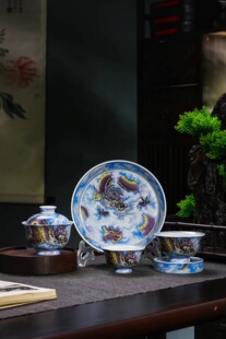 景德镇陶瓷墨彩龙纹盖碗茶杯家用泡茶碗高端功夫茶具茶碗茶杯套装