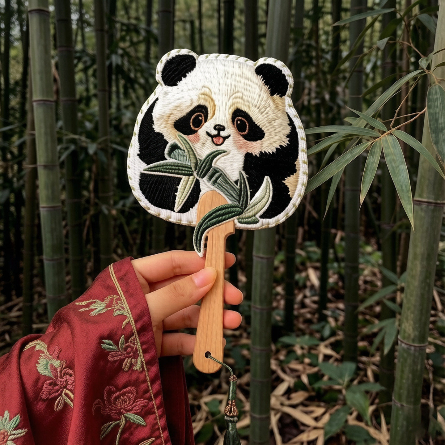 亨勒迷你小扇子熊猫刺绣团扇