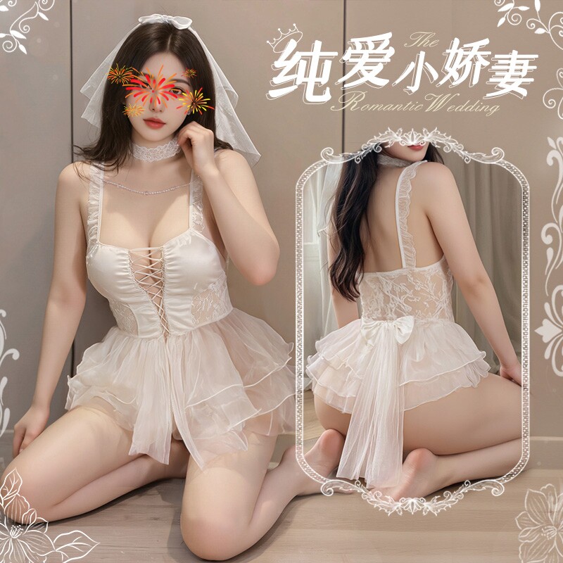霏慕性感新娘蓬蓬睡裙超短纯欲婚纱薄款珠链绑带镂空透明cos套装