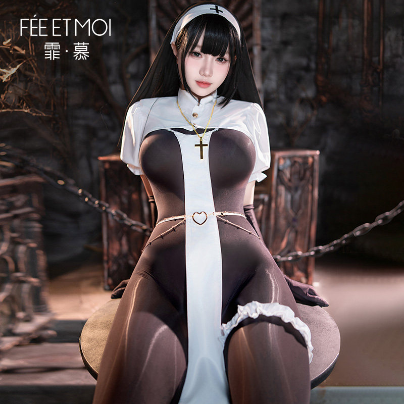 禁欲修女油亮性感吊带丝袜薄款透明开裆制服套装弹二次元cosplay