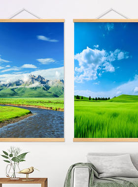 内蒙古大草原草地蓝天白云装饰挂画自然风景背景客厅卧室餐厅挂轴