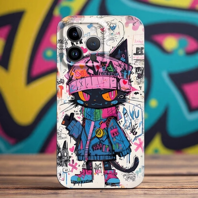 多巴胺涂鸦潮玩黑猫菲林适用iPhone16pro/15手机壳华为mate70荣耀200红米K801软vivos20硬小米15苹果14/13pro