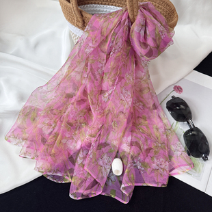 温柔系真丝桑蚕丝丝巾女2025新款 百搭印花围巾防晒披肩长纱巾 四季