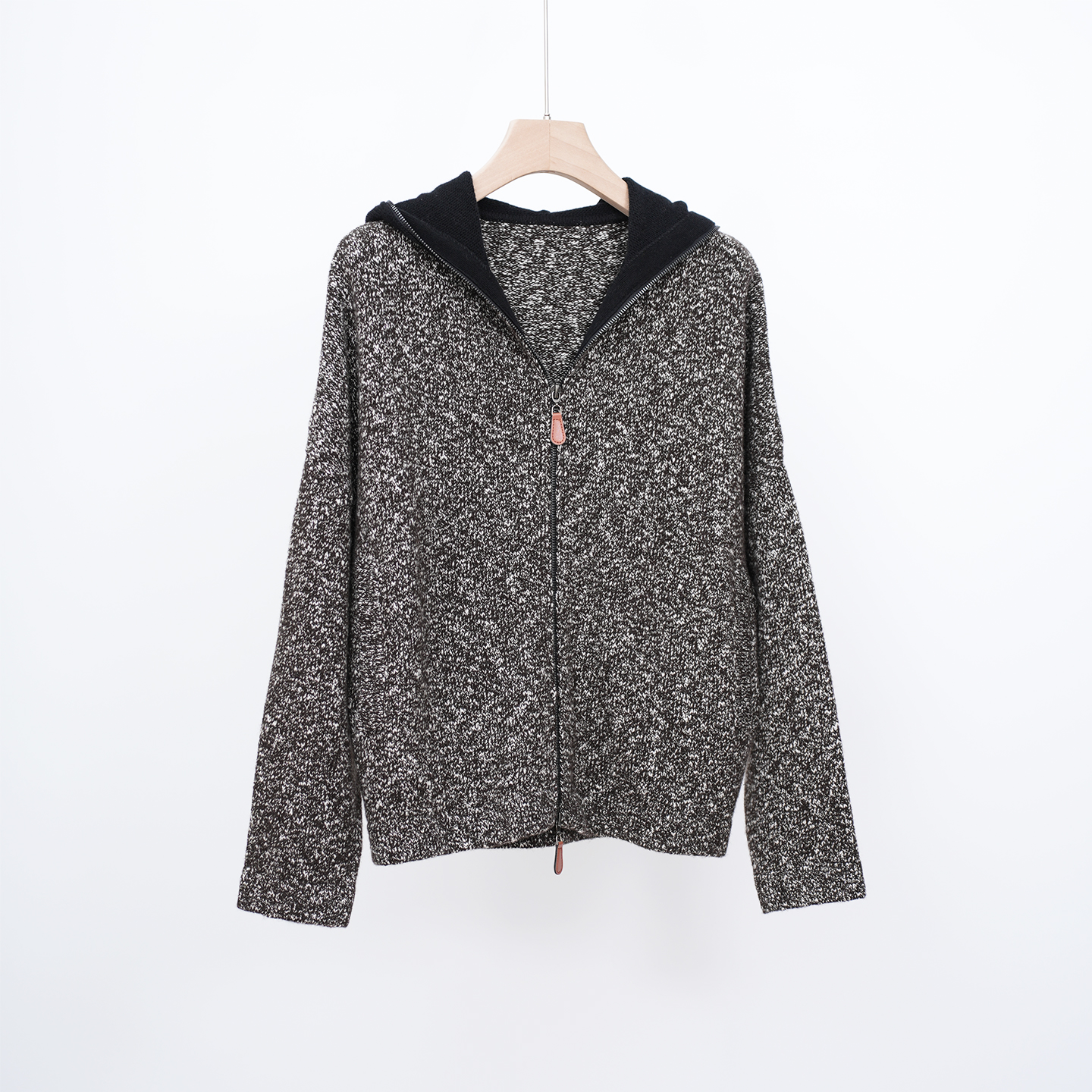 时装设计师款休闲风宽松版女外套秋冬季羊绒夹花针织连帽开衫