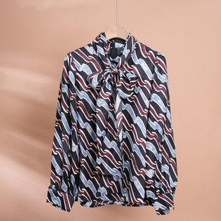 气质飘带真丝衬衫女复古波纹印花桑蚕丝长袖衬衣知性优雅上衣