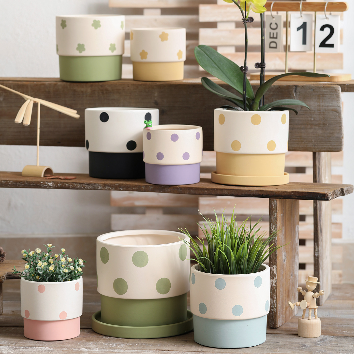 网红ins彩色波点陶瓷素烧花盆大号透气陶土盆带托盘盆栽香草多肉