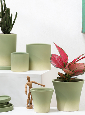 陶土素烧陶瓷花盆渐变绿色圆柱形有孔带托盘透气吸水多肉绿植盆栽