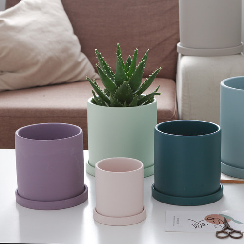 圆筒形上彩纯色陶瓷花盆大小号