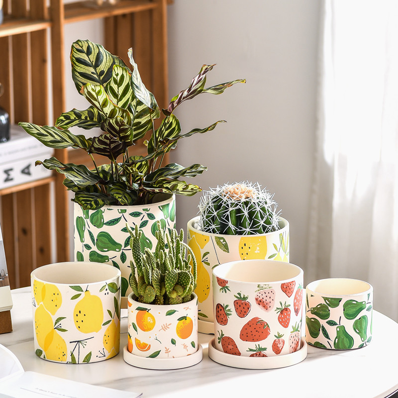 卡通水果陶瓷花盆草莓柠檬梨橘子图案家居带托盘透气多肉绿植花卉,鲜花速递/花卉仿真/绿植园艺,花盆,淘宝优惠券,粉丝福利购,淘宝优惠卷