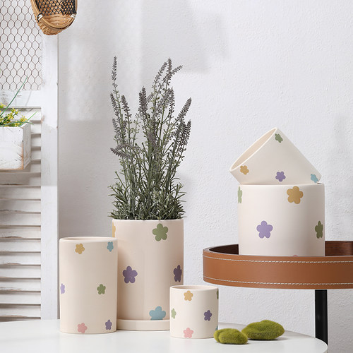 手工彩印圆点花朵白陶土素烧花盆