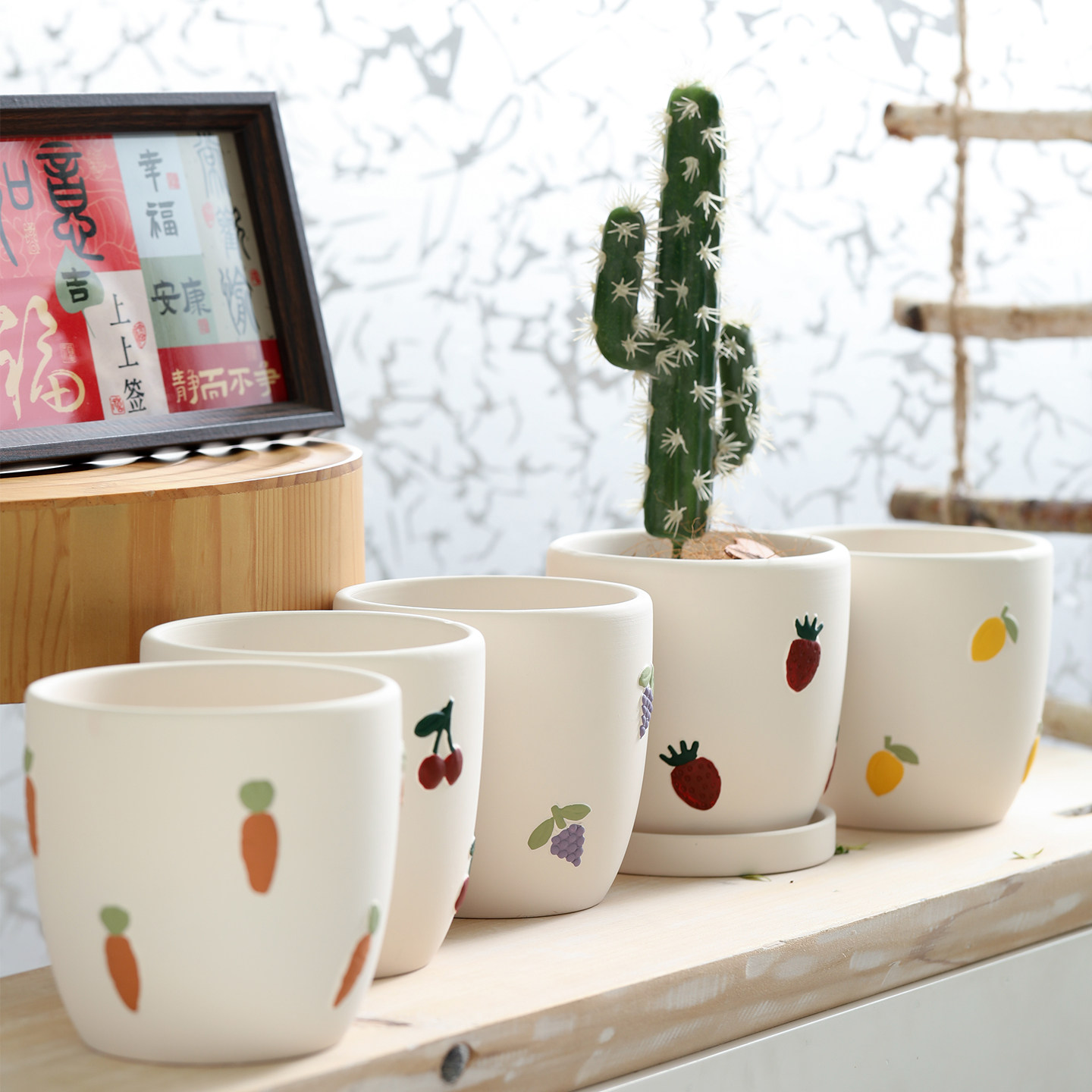 小众设计水果手彩绘陶瓷花盆素烧陶土烧制透气花器蝴蝶兰盆栽多肉