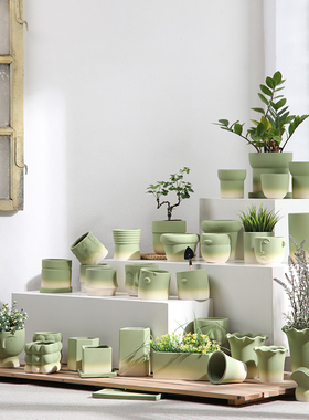 素烧胚陶土花盆渐变绿色工艺陶瓷透气吸水带托盘大号盆栽青山多肉