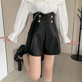 显瘦百搭外穿a字pu皮阔腿靴裤 大码 女2022秋季 高腰皮短裤 子潮 时尚