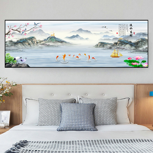 床头画复古怀旧主卧室房间客厅装饰贴画流水生财背靠金山山水风景