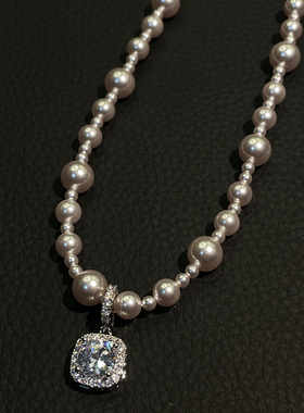 小方糖超闪锆石珍珠吊坠项链女法式锁骨链满天星颈链