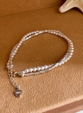 S925银双层施家强光珍珠手链碎银子缠绕手链银手饰轻奢风小众