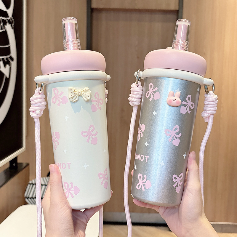 保温杯女高颜值少女心吸管杯子水杯带茶隔学生大容量背带便携杯子