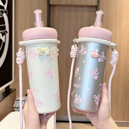 保温杯女高颜值少女心吸管杯子水杯带茶隔学生大容量背带便携杯子