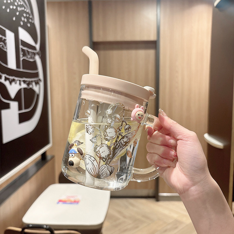 玻璃水杯高颜值家用带把手办公室泡茶吸管杯男女生高硼硅带盖茶杯