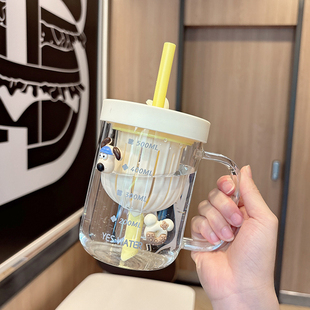 泡茶玻璃杯女高颜值夏天耐热吸管水杯带把手办公室茶水分离刻度杯
