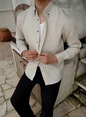 Light Weight美式亚麻长袖衬衫纯色天丝凉感透气衬衣男士休闲上衣