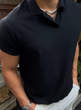 Light Weight美式海鸥领POLO衫正肩短袖男老钱风透气冰感弹力T恤