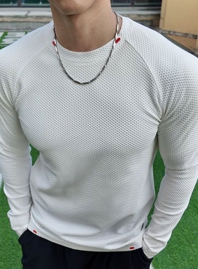 Light Weight无缝提花健身显壮高弹泡泡布运动透气速干T恤长袖男