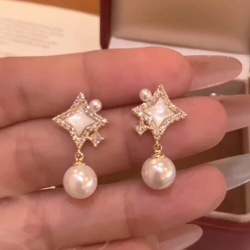 超温柔~爆闪珍珠母贝星星耳钉女镶钻四芒星耳环高级感轻奢耳饰
