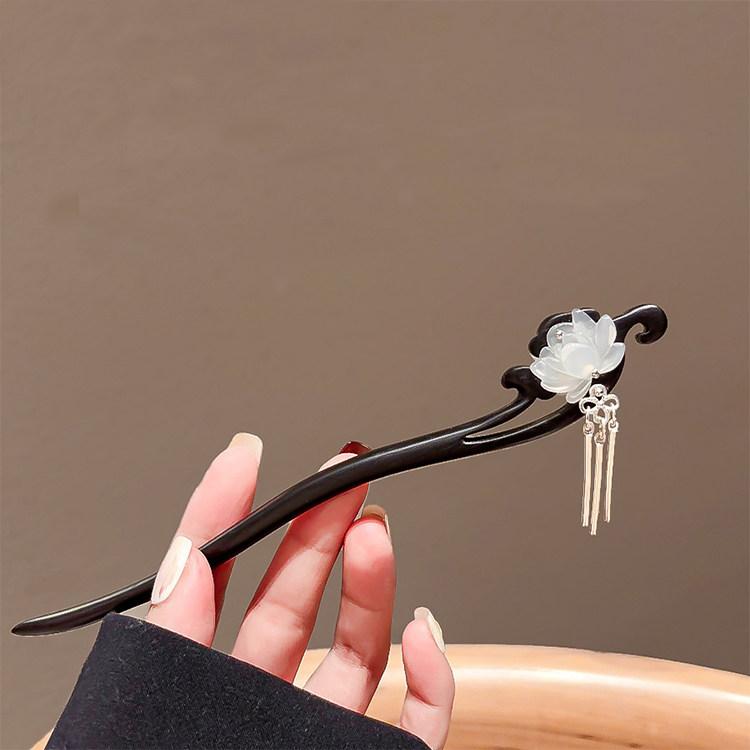 【青岚】新中式檀木发簪古风莲花步摇流苏盘发簪子高级感汉服发钗