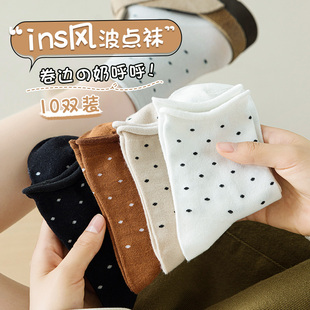 薄款 雅鹿袜子女夏季 ins风复古波点卷边中筒袜日系甜美学生袜