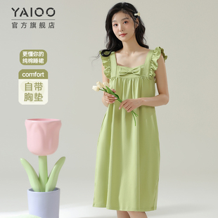 雅鹿睡裙女带胸垫纯棉长款2025年春夏季睡衣吊带连衣裙可外穿大码