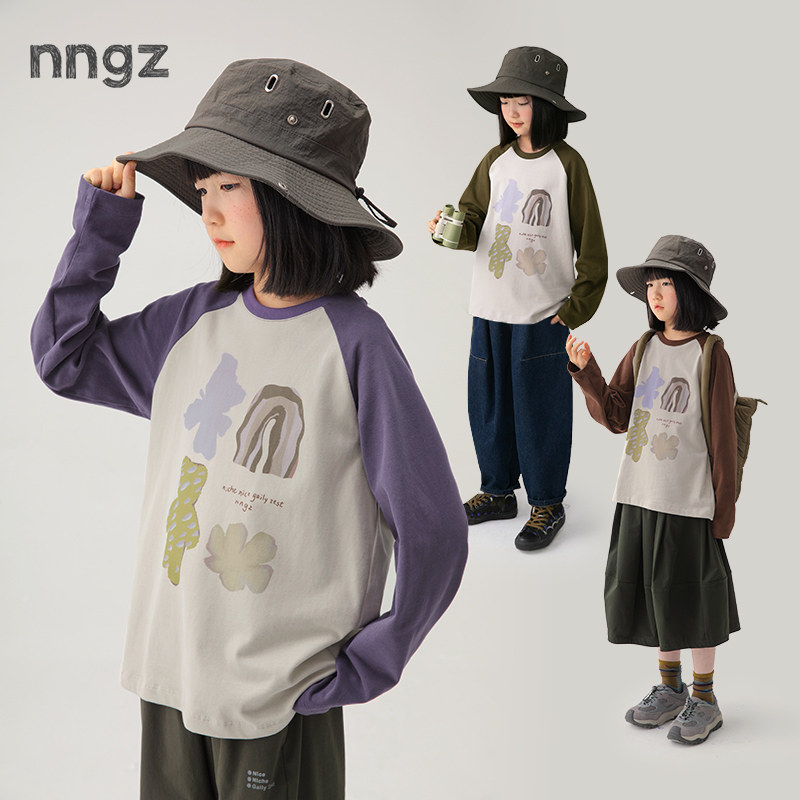 NNGZ会呼吸的全棉t恤春季玩偶印花女童长袖上衣儿童百搭打底衫