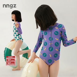 儿童抗氯连体泳衣 长袖 NNGZ女童防晒泳衣夏季 海边度假游泳衣新款