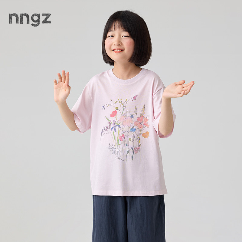 NNGZ设计师风女童手绘花朵印花短袖t恤2026夏季新款洋气儿童